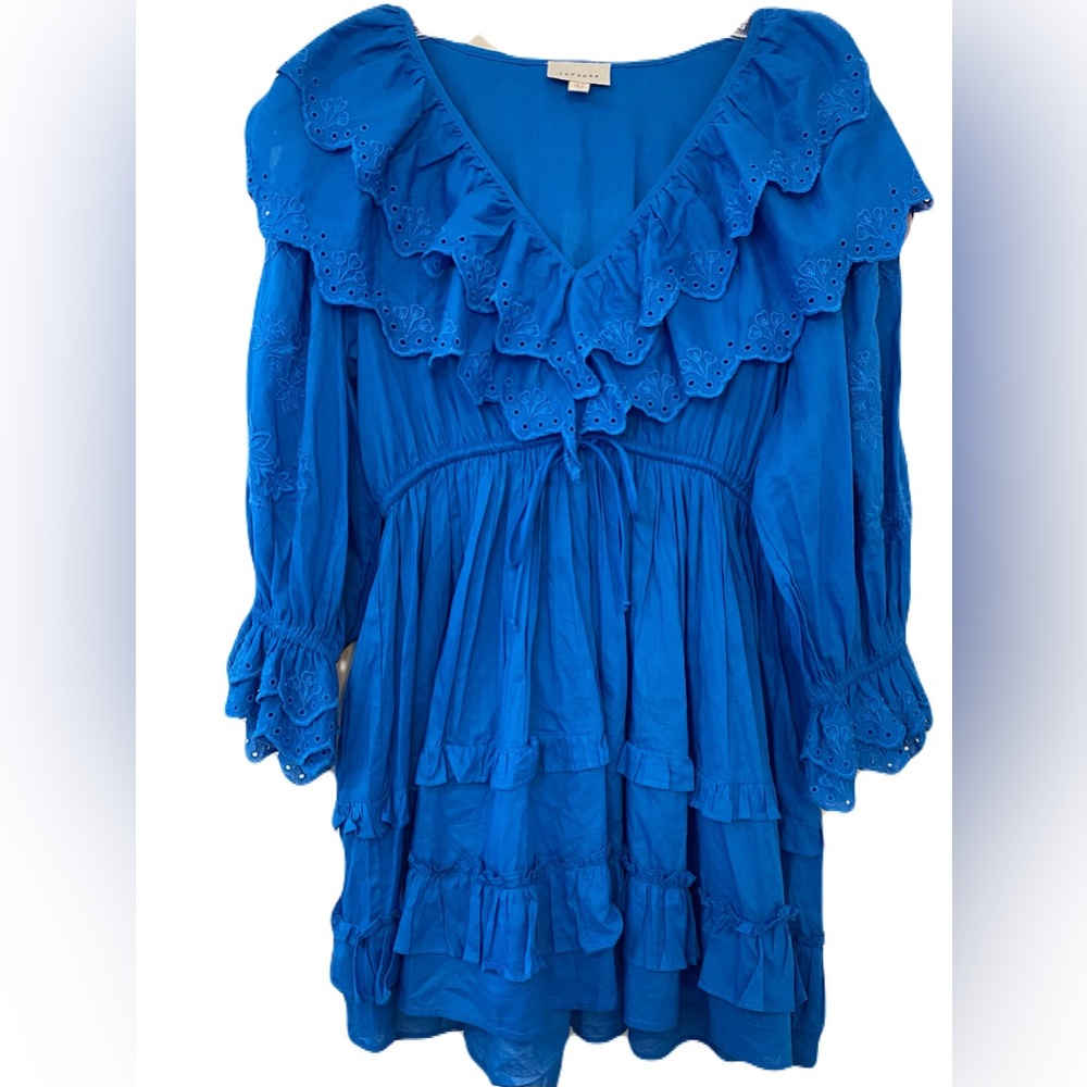 Top shop Blue 100% Cotton Ruffle Midi Dress US 8 Feminine EUC Medium